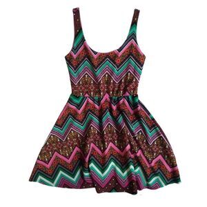 Blue Rain Colorful Chevron Pattern Fit and Flare Mini Length Dress Women's Small